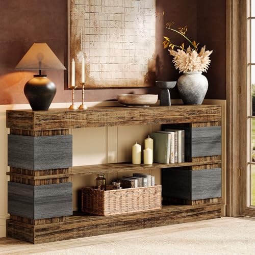 Tribesigns 63" Farmhouse Console Table, 3-Tier Entryway Table with Storage, Long Wooden Behind Couch Stand with 4 Compartments for Living Room, Hallway, Foyer, Vintage Brown & Gray