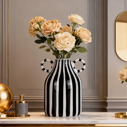 Black and White Ceramic Vase with Handle, Nordic Boho Small Vases Side Table Flower Centerpiece, Wide Mouth Single Flower Vase Pampas Grass Decorative - For Home Window Sill Living Dining Room Kitchen - color: Black and White