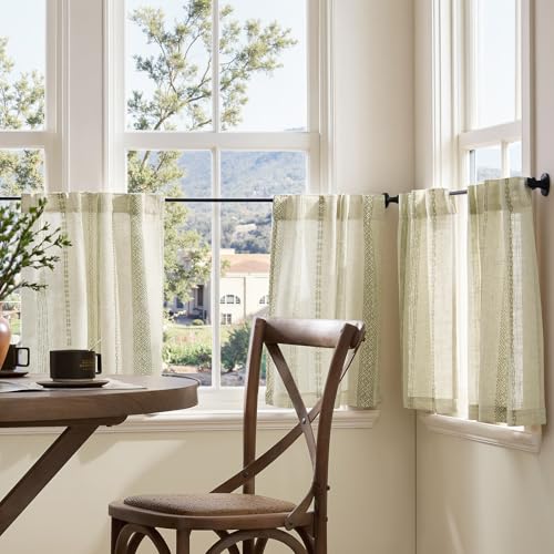 jinchan Boho Kitchen Curtains 24 Inch Linen Tier Curtains with Geometric Pattern Bohemian Cafe Small Light Filtering Window Treatment for Living Room RV Back Tab 2 Panels Green on Linen - color: Liora | Green on Linen, size: 26"W x 24"L (Pack of 2)
