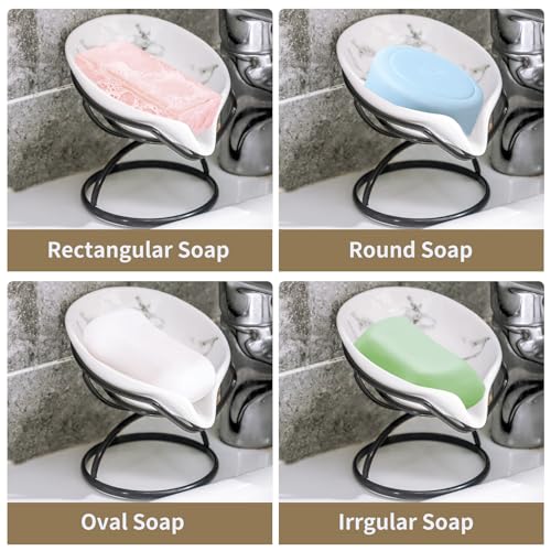 Dobbyby Leaf-Shaped Soap Dish – Premium Ceramic Soap Bar Holder with Self-Drainage System – Bar Soap Holder for Shower, Bathroom Sink, Kitchen – Waterfall Soap Dish with Stainless Steel Stand (Black) - color: Black