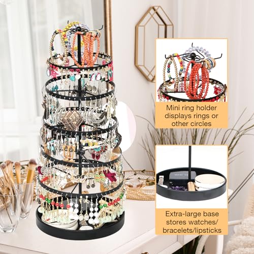 17Dec 6 Tier Rotating Jewelry Organizer Stand, 230 Holes Earring Holder Organizer for Women Girls, Spinning Earring Tree with Ring Holder, Wide Base for Bracelets Watches Lipstick - color: Metal,6-Tier,Black