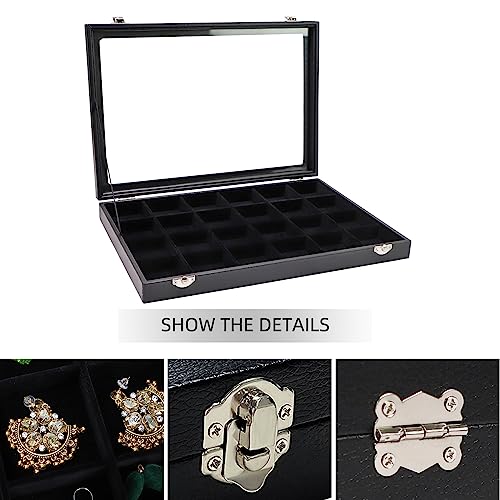 Wudygirl Earring Organizer 24 Grid Jewelry Organizer with Glass Lid Adjustable Jewelry Box Jewelry Display for Rings Necklace Bracelet Earrings Storage（Black 24 Grid） - style: 24 Grid Tray