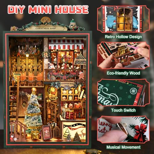 DIY Christmas Store Book Nook Kit, Miniature House with LED Light, 264pcs Wooden 3D Puzzles for Adults Teens, Bookshelf Decor Scale Model, Cultural Handmade Gift for Christmas & Book Lovers - style: Christmas Store