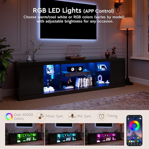 LGHM 70'' Black TV Stand with Lighting, Stylish Modern Entertainment Center with Slip Doors for TVs Up to 80”, Media Console for Living Room - size: 22''H TV Stand