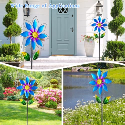 14'' Wind Spinners Outdoor, Flower Metal Garden Wind Spinners Outdoor, Kinetic Wind Sculptures & Spinners for Yard Garden Lawn Decor (Blue) - size: 14'' Blue