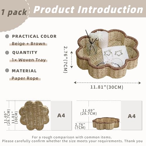 GYASVWU Paper Rope Scalloped Tray, Wicker Trays for Decor, Shallow Baskets for Storage, Rattan Tray for Coffee Table/Living Room/Bedroom Organization (Beige+Brown)