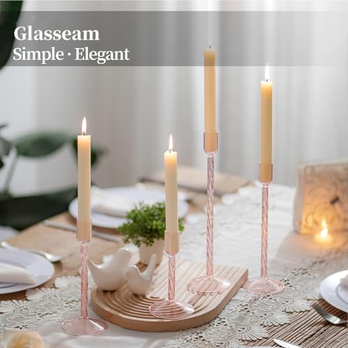 Glasseam Glass Candlestick Holders Pink: Set of 4 Tall Taper Candle Holders for Candlesticks Decorative Tapered Candles for Table Centerpiece Wedding Christmas Home Decor - color: Pink