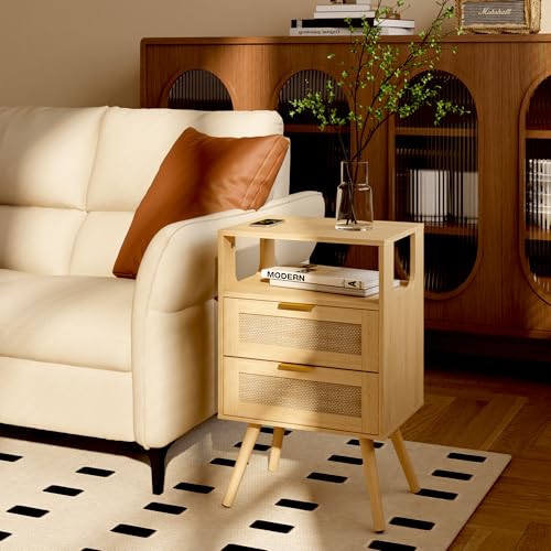JOONEE Rattan Nightstand,Farmhouse Bedside Table with 2 Storage Drawer and Open Wood Shelf, for Bedroom and Small Spaces,Night Stand with Solid Wood Legs (Yellow Oak) - color: Yellow Oak
