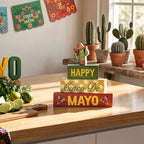 Smile Happy Cinco De Mayo Wooden Block Stack with Cactus Decor, Mexican Fiesta Tiered Tray Tabletop Sign for Cinco De Mayo Party Decorations - style: Cactus