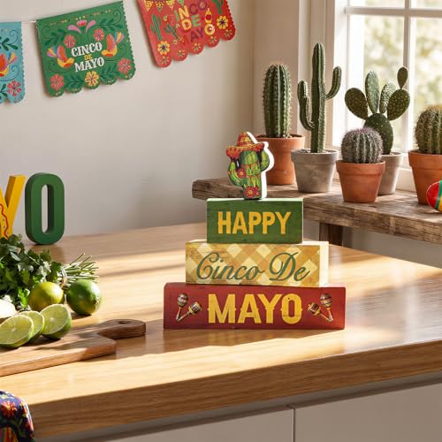 Smile Happy Cinco De Mayo Wooden Block Stack with Cactus Decor, Mexican Fiesta Tiered Tray Tabletop Sign for Cinco De Mayo Party Decorations - style: Cactus