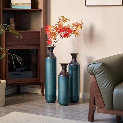Floor Vases, Tall Home Decor Metal Vase Set of 3 Large Glazed Decorative Vases for Wedding Decor, Elegant Modern Flower Holder for Living Room, Entryway, Hallway, Dining Room - color: Gradient Blue
