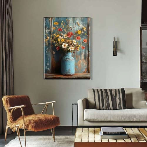 Framed Oil Painting Style Print Antique Metal Vase Wildflowers Pattern Background Rustic Vintage Floral Art Farmhouse Decor Rustic Wall Art Floral Mural Home Decor Gallery Poster 12x16 Inch - color: Light blue yellow, size: 12"x16"