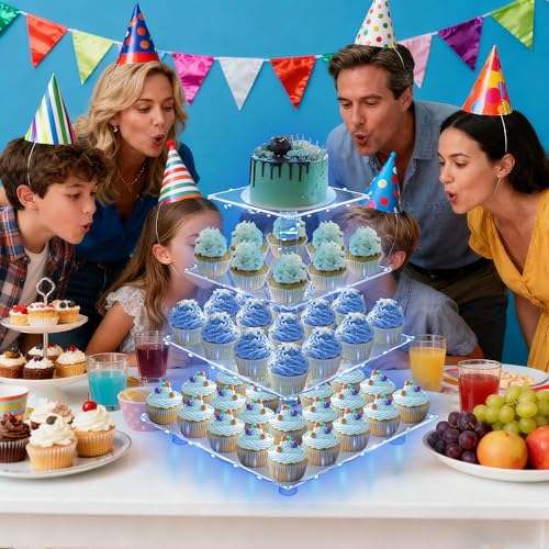 YestBuy 4 Tier Acrylic Cupcake Stand Afternoon Tea Cake Stand Large Cupcake Stand Cupcake Tower Cupcake Holder for Pastry + LED Light String Ideal for Weddings Birthday Bar Party Décor (Blue Light) - color: Blue, size: 4 tier