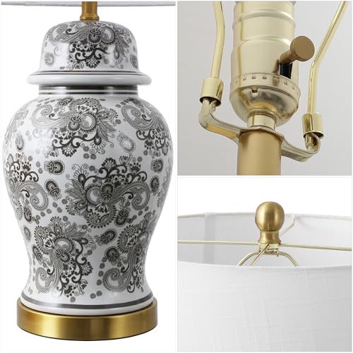 JONATHAN Y 29.5" Gray/White Ceramic Table Lamp for Living Room and Office, White Linen Drum Shade, Traditional Chinoiserie Ginger Jar Lamp, LED Bulb Included (JYL3008B) - color: Gray/White