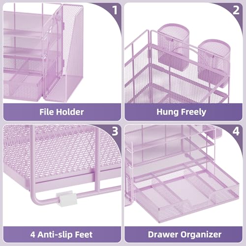Marbrasse Desk Organizer and Accessories，4-Tier Paper Letter Tray Organizer with File Holder, Workspace Desk Organizers Accessories with Drawer and 2 Pen Holder (Purple, 15.4" x 9.1" x 8.3") - color: Purple