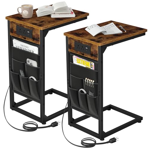 AMHANCIBLE C Shaped End Table with Charging Station, TV Tray Set of 2, Couch Tables with Storage Bag, Slide Under Sofa Side Table with USB Ports and Outlets for Living Room, Rustic Brown HET04CBR - color: Rustic Brown