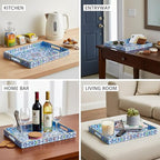 Hiceeden Set of 2 Boho Floral Serving Tray with Handles, 15.7" x 11.8" Decorative Plastic Ottoman Tray, Modern Large Coffee Table Server for Living Room, Bathroom, Kitchen, Rectangle, Blue
