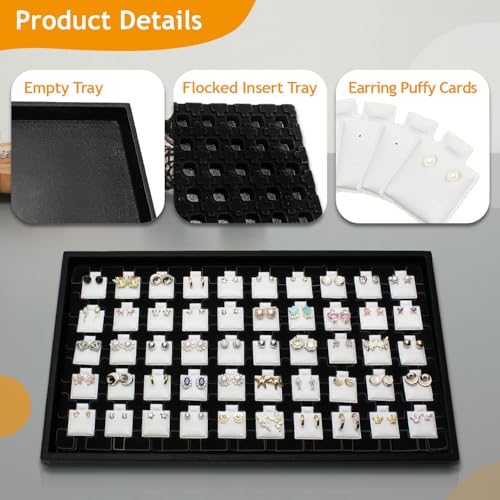 Ikee Design 2 Pcs Set Black Earring Display Tray with 50 Earring Cards Organizer, Jewelry Tray Display for Stud Earring Collection, 100pcs Earring Puffy Cards, 14 3/4W x 8 1/4D x 1H in, White, Black - color: Small Earring Card