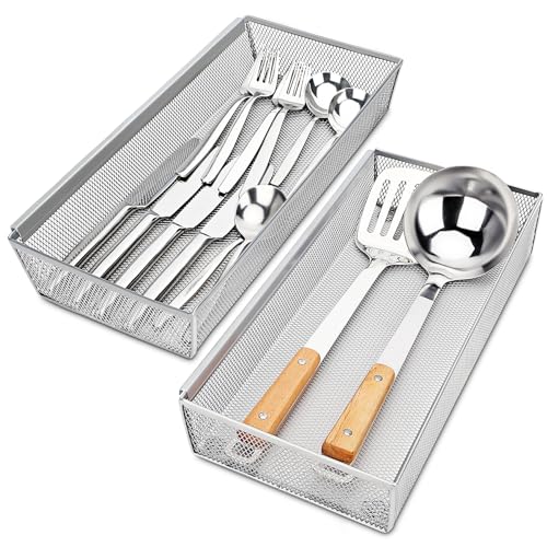 Flatware Organizer with Interlocking Arm (Grey) - 2 Pack 14.7" X 6.1" X 2" Utensil Drawer Organizer - color: Grey, size: 14.7 * 6.1 * 2 Inches
