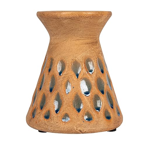 Creative Co-Op 6.5 Inches Debossed Terra-Cotta 3 Inches Pillar, Natural and Blue Candle Holder, Terracotta