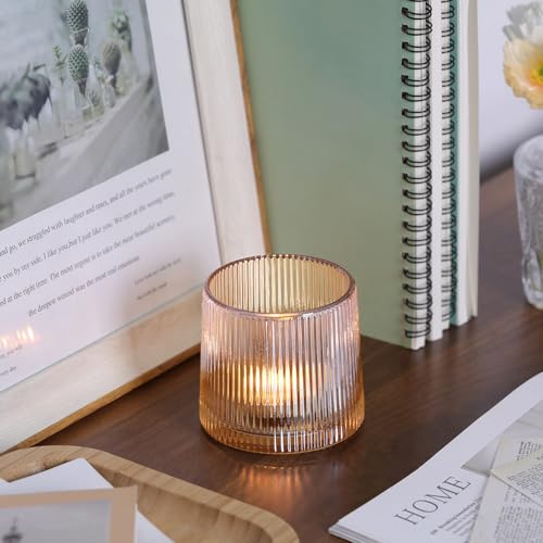 DARJEN Gold Ribbed Tealight Votive Candle Holders Set of 10- Tea Light Candle Holders Glass for Table Centerpiece, Votive Candle Holders for Home, Wedding & Fall Decor - color: Gold, size: 10Pcs