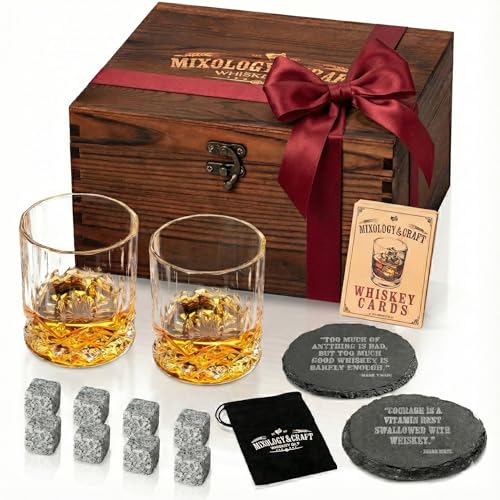 Mixology & Craft Whiskey Stones Gift Set: with Two 10oz Lead-Free Crystal Whiskey Glasses, 8 Whiskey Stones with Velvet Bag, 2 Slate Coasters & Recipe Cards in Wooden Crate | Great - size: Dark Latch Crate