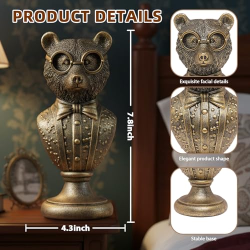 Vintage Animal Statue Sculpture,Gold Resin Bear Bust Figurine with Glasses & Suit, Retro Office Desk Decor for Home Living Room, Creative Gift for Animal Lovers - color: Bear Bust