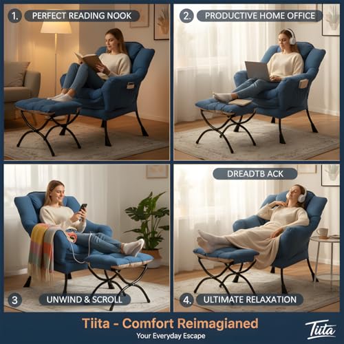 Tiita Lazy Chair with Ottoman, Blue Modern Large Accent Chair, Comfy Leisure Sofa Armchair with Ottoman, Reading Chair with Footrest for Bedroom, Living Room, Dorm Rooms, Blue - color: Blue