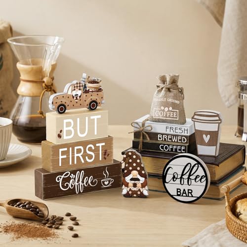 Vercraft 11 Pcs Coffee Bars Table Decorations Coffee Tiered Tray Decor Farmhouse Table Centerpiece Wooden Books Home Tabletop Decor for Home Kitchen - style: Coffee