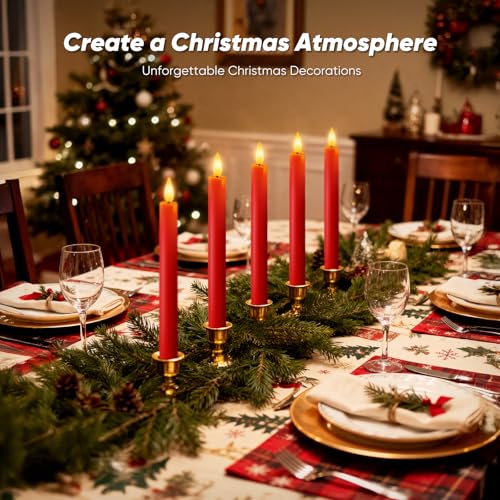 Homemory 6 Pcs Real Wax LED Red Flameless Taper Candles with Remote Timer, 9.6 Inches Fake Candlesticks, Dripless Battery Operated Window Candle with 3D Flickering Flame for Fireplace Xmas Decor - style: Christmas - Red 9.6"
