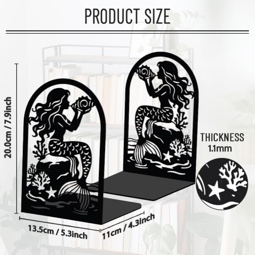 WADORN 1 Pair Mermaid Metal Decorative Bookend for Shelves, Heavy Duty Book Ends Modern Non-Skid Books Holder Stand Black Book Support Stoppers for Desk Bookshelf Office Home, 5.3x4.3x7.8 Inches - color: Mermaid