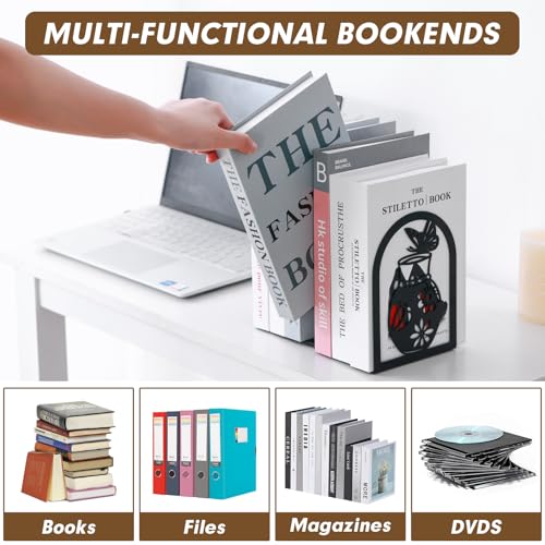 Aertiavty 2 Pcs Bookends for Shelves, Large Heavy-Duty Morden Vase Book Ends, Non-Skid Butterfly Bookends, Decorative Book Holder for Home Office, Metal Black Floral Book Stopper, 1 Pair - style: Butterfly Vase