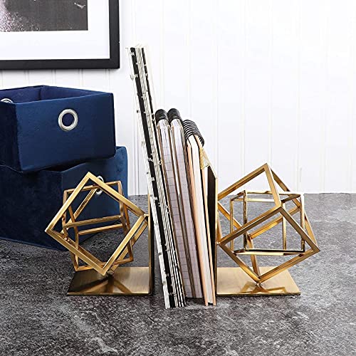 Juvale Gold Bookends - Heavy-Duty Metal Book Ends for Bookshelf Decor - Geometric Square Style for Decorative Books Display for Coffee Table & End Table Decor - 5 x 6 x 3 in, Pack of 2