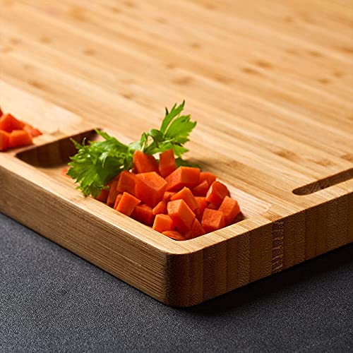 Large Bamboo Wood Cutting Board for Kitchen, Cheese Charcuterie Board with 3 Built-in Compartments and Juice Grooves, Butcher Block (17x12.6") - size: 17"L x 12.6"W