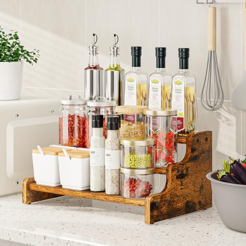 KLM 3-Tier Spice Rack, 13.8 Inch Wood Step Shelf Countertop Spice Storage Holder, Kitchen Pantry Cabinet Organizer Cupboard for Spice Bottles, Jars, Seasonings, Baking Supplies,Bathroom Organizer
