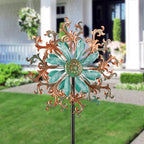 Viveta Wind Spinners Outdoor, Metal Wind Sculptures for Yard and Garden,13 * 57 "Double Windmill with Stable Stake - color: 2-copper Green-b