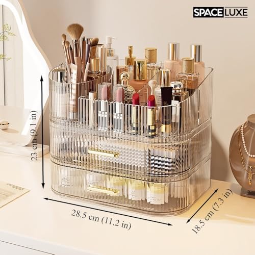 Makeup Organizer with Drawers and 360° Rotating Brush Holder, Large Capacity Cosmetic Storage for Vanity, Skincare, Perfume, Hair Accessories, Lipstick & Jewelry (Clear, 3-layer) - color: Clear, size: 3-layer