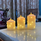 Battery Operated Flameless LED Candles: with Embedded String Lights, 3 Pack Flickering Electric Candle with 10-Key Remote Control for Seasonal Festival Celebration Real Wax(Batteries not Included) - color: H09# Ivory 3Pack Real Wax