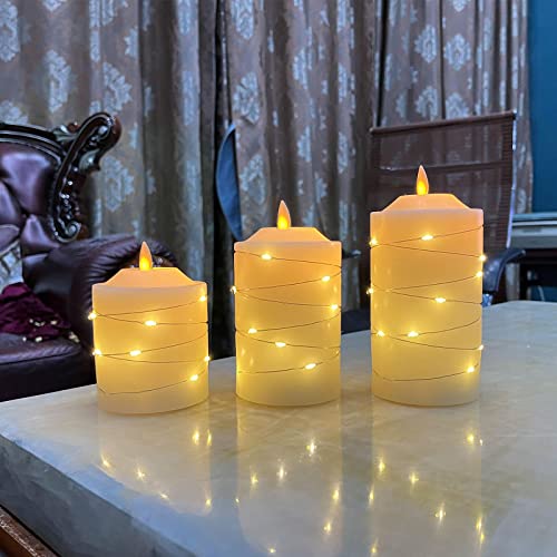 Battery Operated Flameless LED Candles: with Embedded String Lights, 3 Pack Flickering Electric Candle with 10-Key Remote Control for Seasonal Festival Celebration Real Wax(Batteries not Included) - color: H09# Ivory 3Pack Real Wax