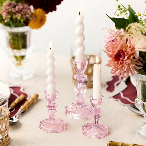 Glass Candlestick Holders Set of 3, Pink Stripe Taper Candle Holders for Table Centerpiece, Home Decorations, Wedding and Party - color: Pink