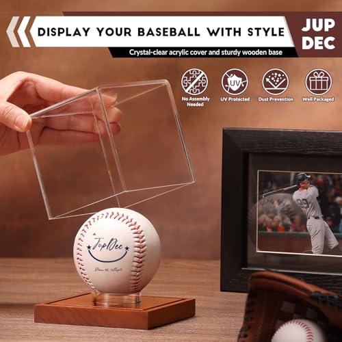 JupDec Baseball Display Case - Clear Cube Baseball Holder with Wooden Base, Autograph Stand Box for Single Ball, Acacia Wood, Brown, 1 Pack - size: 1 Pack