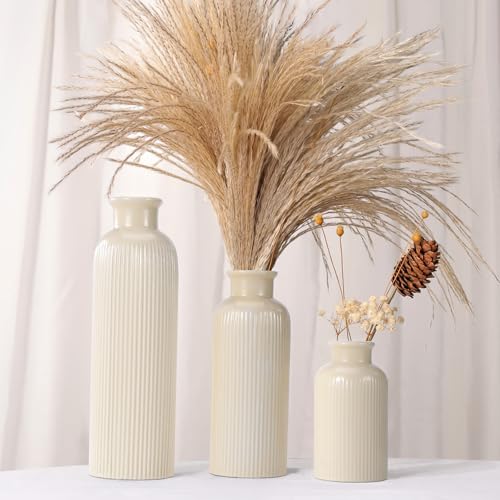 Small Beige Ceramic Vase Set of 3, Boho Modern Beige Flower Vase Room Decor, Farmhouse Decor, Vases for Your Kitchen, Bathroom, Bedroom, Living Room, Office&Shelf Centerpiece Table Decorations - color: Beige