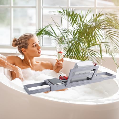 Utoplike Bathtub Tray Caddy Bamboo, Grey Bath Table for Tub Adjustable, Bathroom Organizer with Book Tablet Wine Glass Cup Towel Holder - color: 19.8-33.5 in Grey