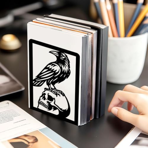 Raven and Skull Decor Gothic Metal Bookends for Shelves, Office Desk Organizer Book Ends for Heavy Books, Home Office Desk Bookshelf Decor Gift for Gothic Lovers and Reading Enthusiasts - style: Crow