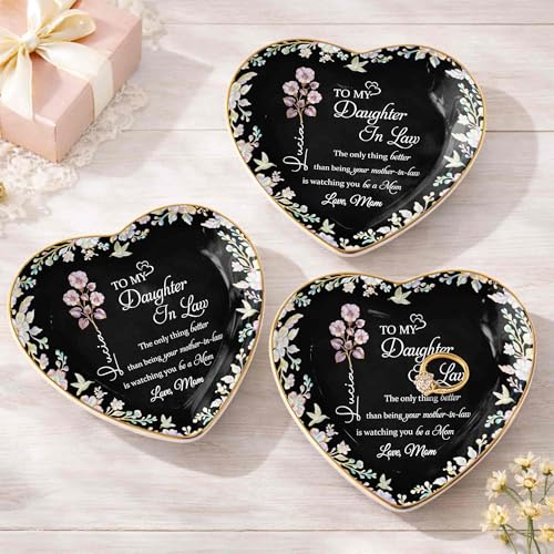 Personalized Jewelry Dish for Daughter in Law, Ceramic Trinket-Dish Heart Shape Ring Holder, Mother in Law Gift, Sentimental Keepsake Tray, Birth Floral Jewelry Organizer - color: Daughter In Law 127