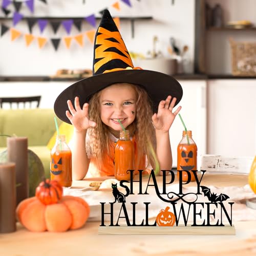 COCHIE Metal Happy Halloween Sign, Black Halloween Decorations for Home, Office, Shelf, Mantel, Indoor, Jack-o-lantern Decoration, Spooky Cat Bat Decor (Halloween) - style: Halloween