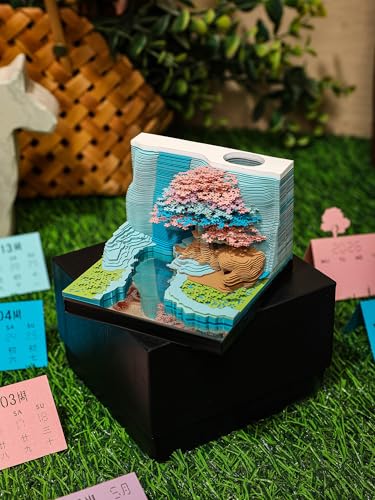 3D Creative Time Piece Calendar 2026 Desk Weekly Calendar Decoration with LED Light and Acrylic Case, Paper Sculpture Non-stick Notes, Paper Carving Art Craft Memo Pad (Flower Mountain) - color: Flower Mountain with LED lighting