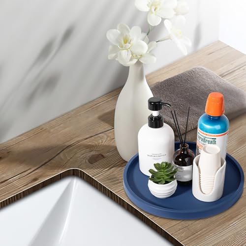 Silicone Bathroom Tray Round Vanity Tray Decorative Soap Holder Kitchen Countertop Organizer Coffee Table Decor for Candle, Perfume, Plant, 11 Inch, Dark Blue - color: Dark Blue, size: 11"