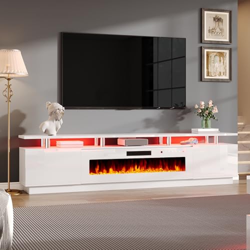 AMERLIFE 90" 2 Tier Fireplace TV Stand with 50" Fireplace, Modern Large Entertainment Center LED Lights, Media Console Table Storage Cabinet for TVs Up to 100", Living Room, White & White - color: White & White, size: 90"