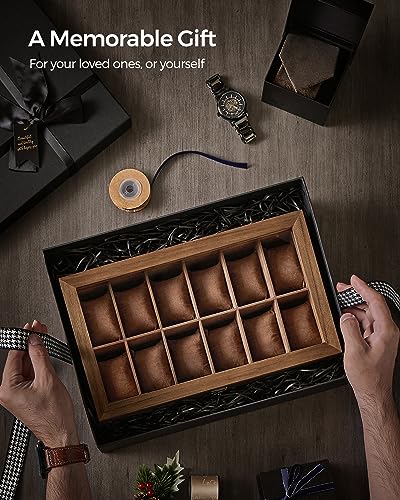 SONGMICS 12-Slot Watch Box, 2-Tier Watch Display Case with Large Glass Lid, Removable Watch Pillows, Velvet Lining, Jewelry Box, Gift Idea, Rustic Walnut UJOW012K01 - color: Rustic Walnut, size: 2 Layer 12 Slot